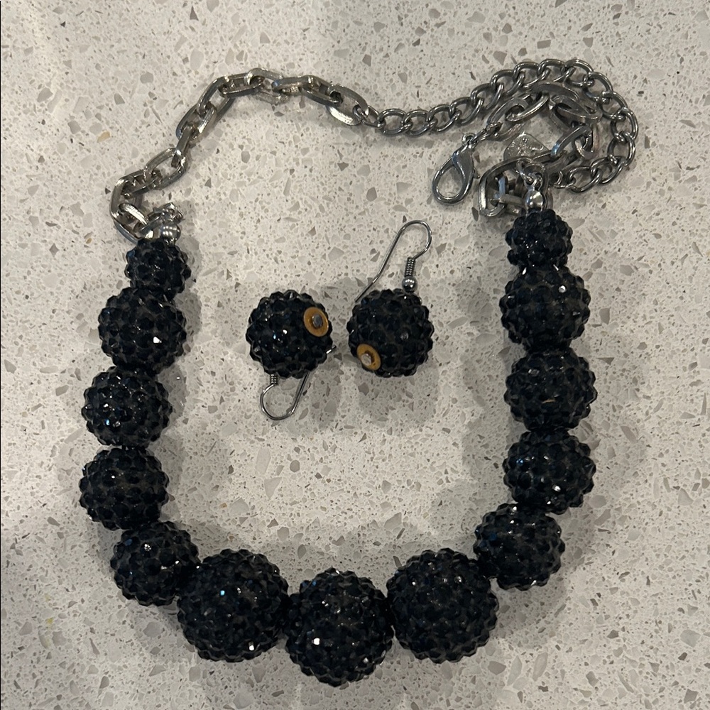Black Crystal Bead Necklace and Earrings Set